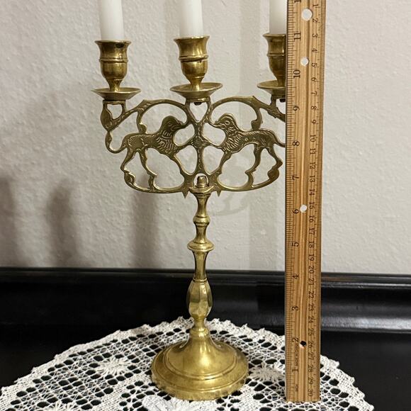 Vintage Brass Judaica Candelabra 3-Arm Lion of Judea Handmade NYC Decor - Picture 5 of 15